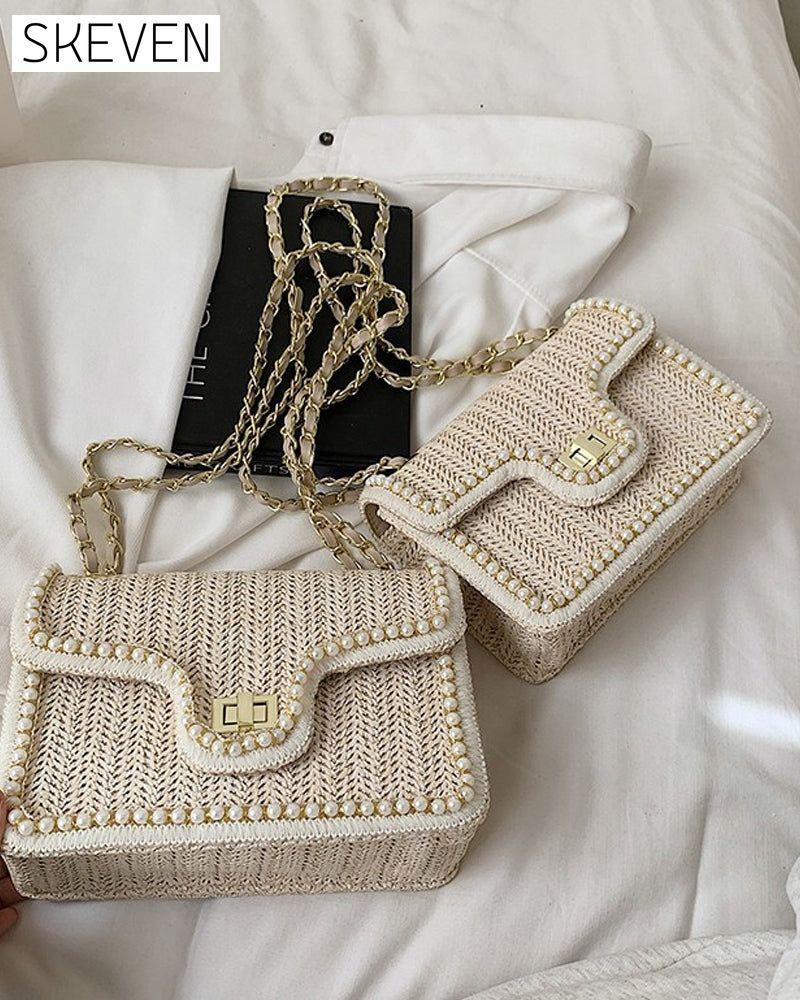 Beliebte Strohtasche mit Perlenmuster 