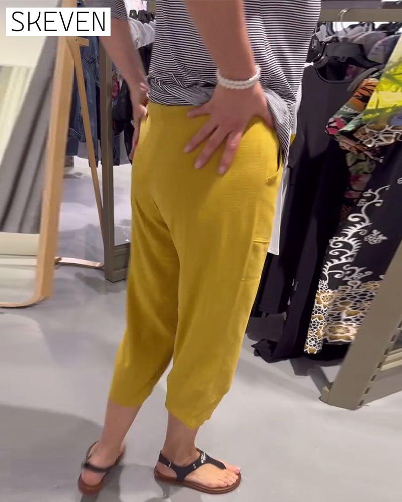 Pantalon court décontracté fuselé en coton et lin