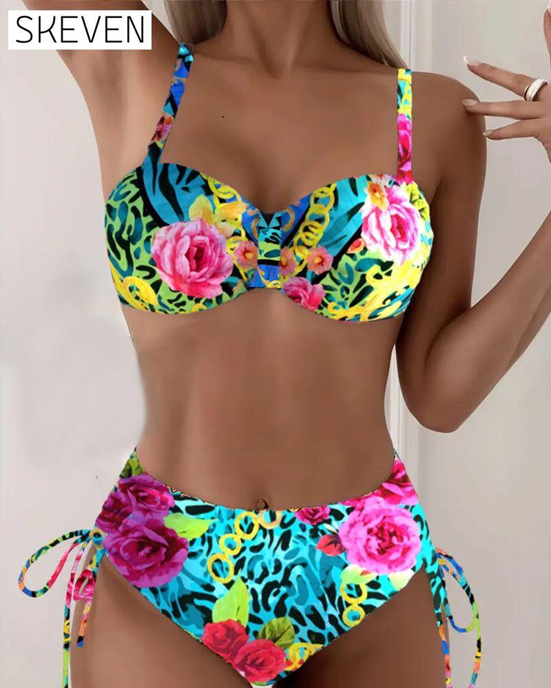 Sexy Triangel-Bikini mit Blumenmuster und Schnürung