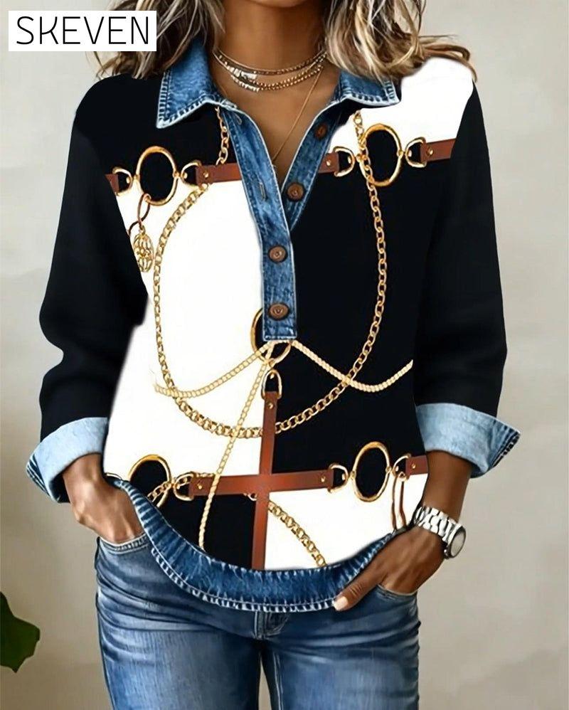 Denim Patchwork Chain Print Sweatshirt
