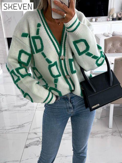 Geometric Dropped Shoulder Button Down Sweater Cardigan cardigan cardigans clothes S.X Ship From Overseas sweater sweaters