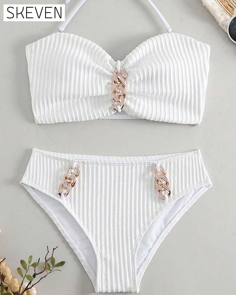 Halter Solid Color Striped Swimsuit
