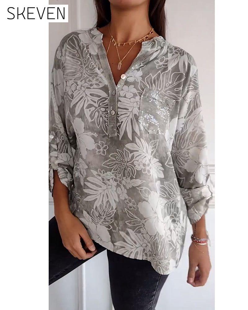 Patchwork-Top mit Paillettenblattmuster