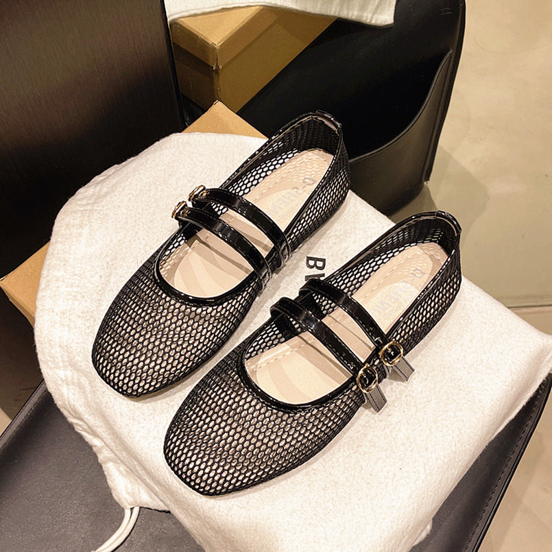 Mary Jane Round-toe Peep-toe Flat-heeled Buckle Sandals