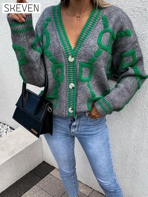Geometric Dropped Shoulder Button Down Sweater Cardigan cardigan cardigans clothes S.X Ship From Overseas sweater sweaters