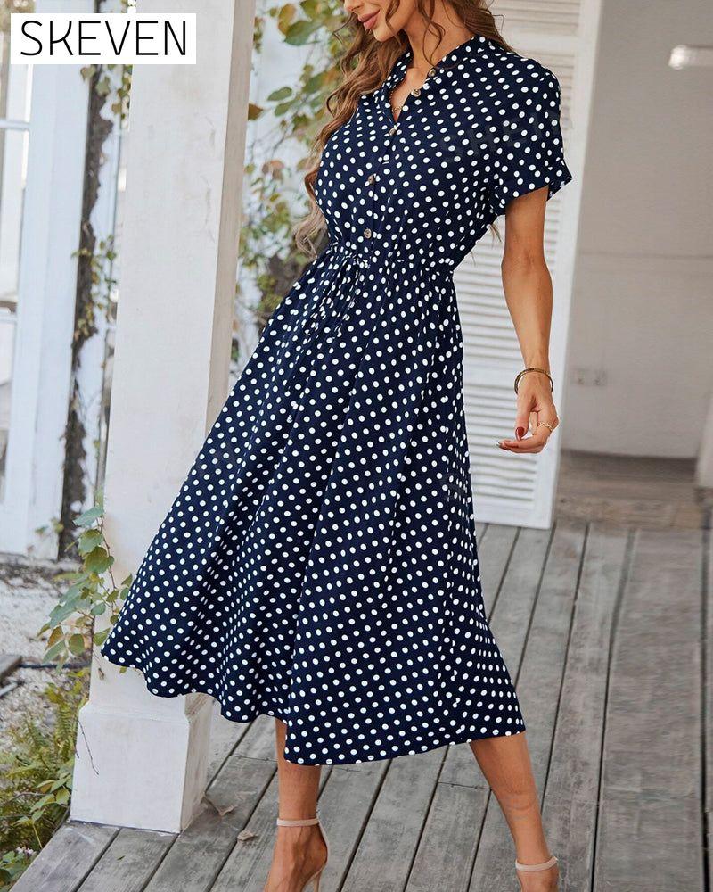 Polka Dot Drawstring Button Dress
