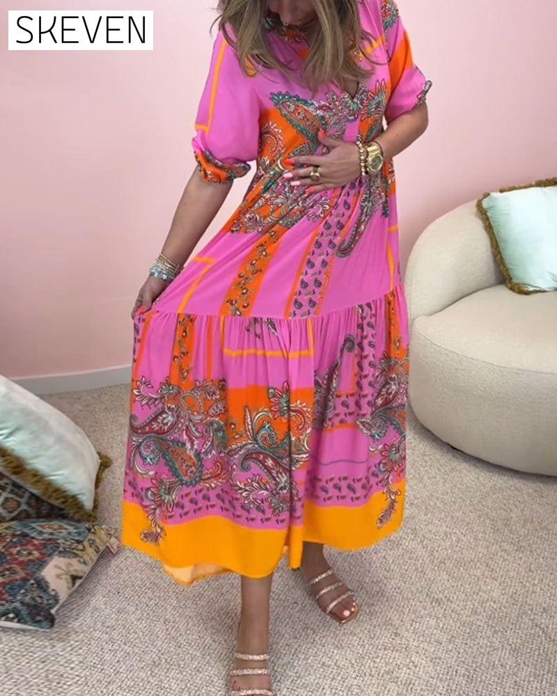 Deep V printed elegant loose long dress casual dresses spring summer
