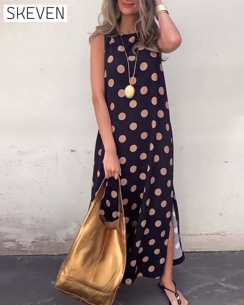 Robe maxi fendue sans manches à pois