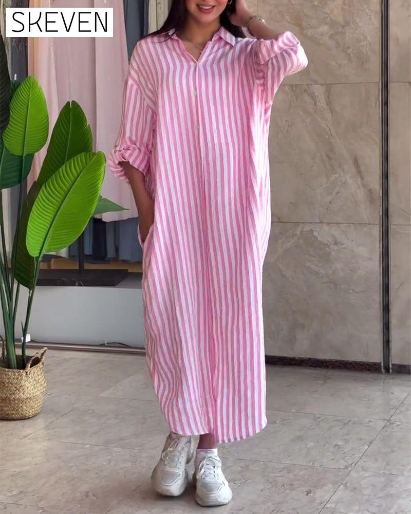 Loose Lapel Striped Dress