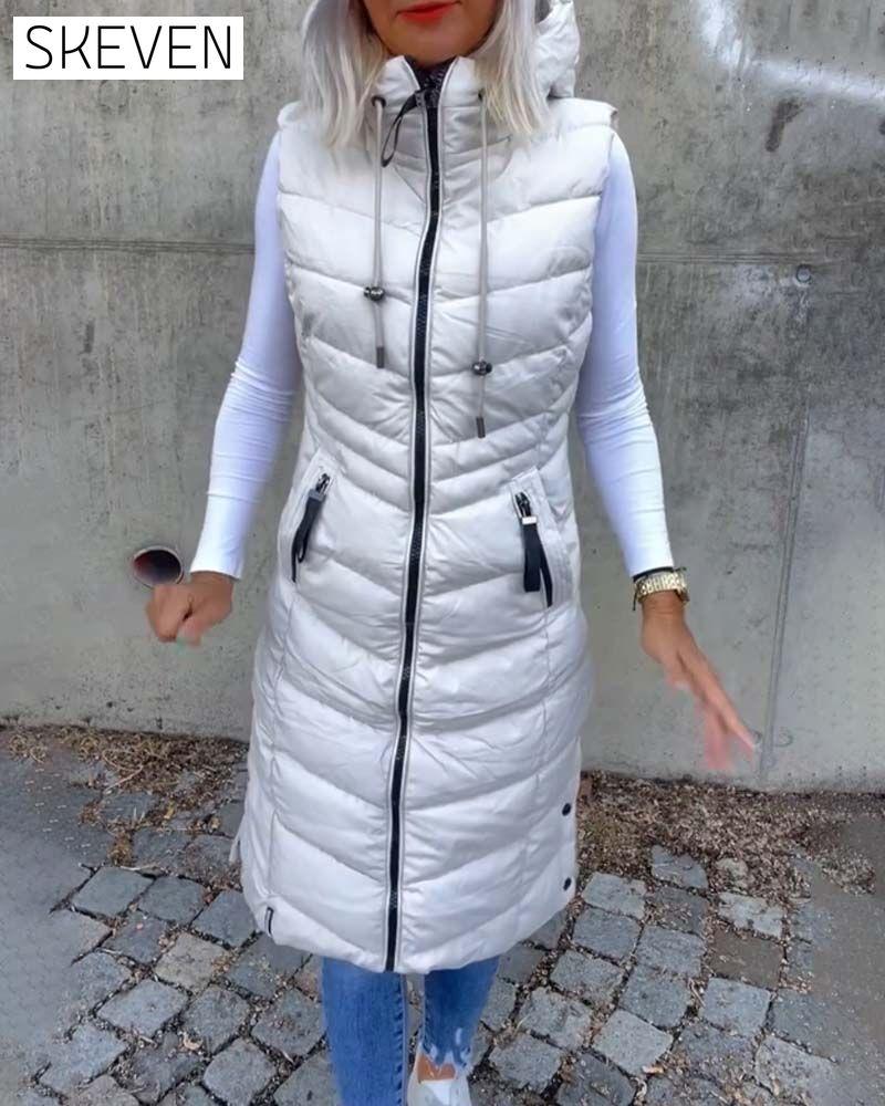 Ärmellose, wattierte Freizeitjacke mit Kapuze und Reißverschluss