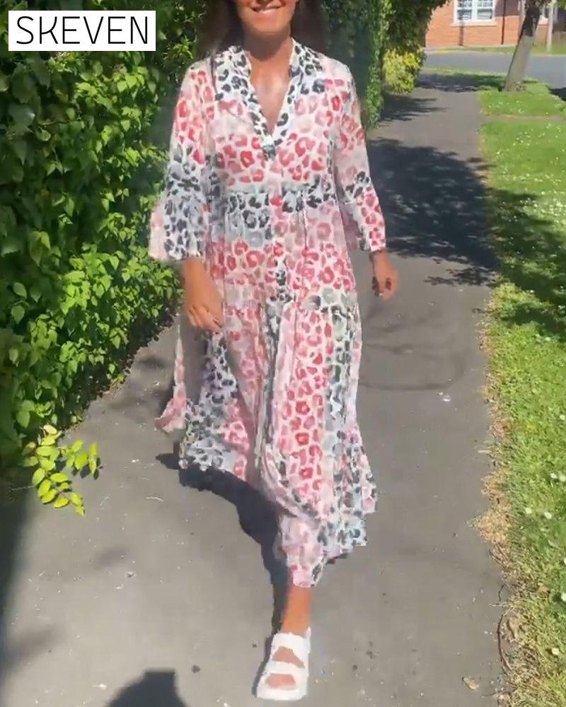 V-neck printed ruffle casual dress