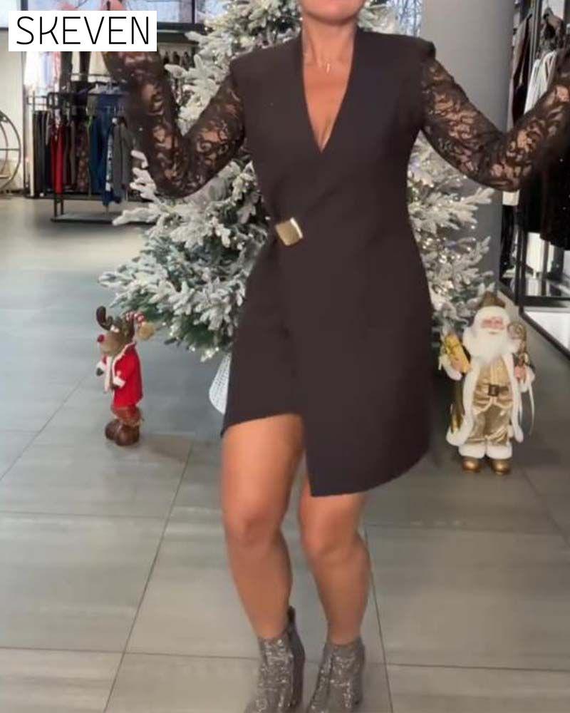 Lace-Paneled Deep V-Neck Fitted Dress