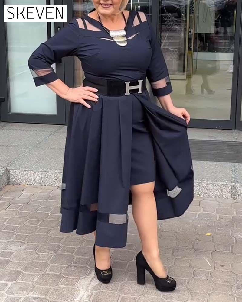 Mesh Round Neck Patchwork Slit Dress 2024 f/w dresses