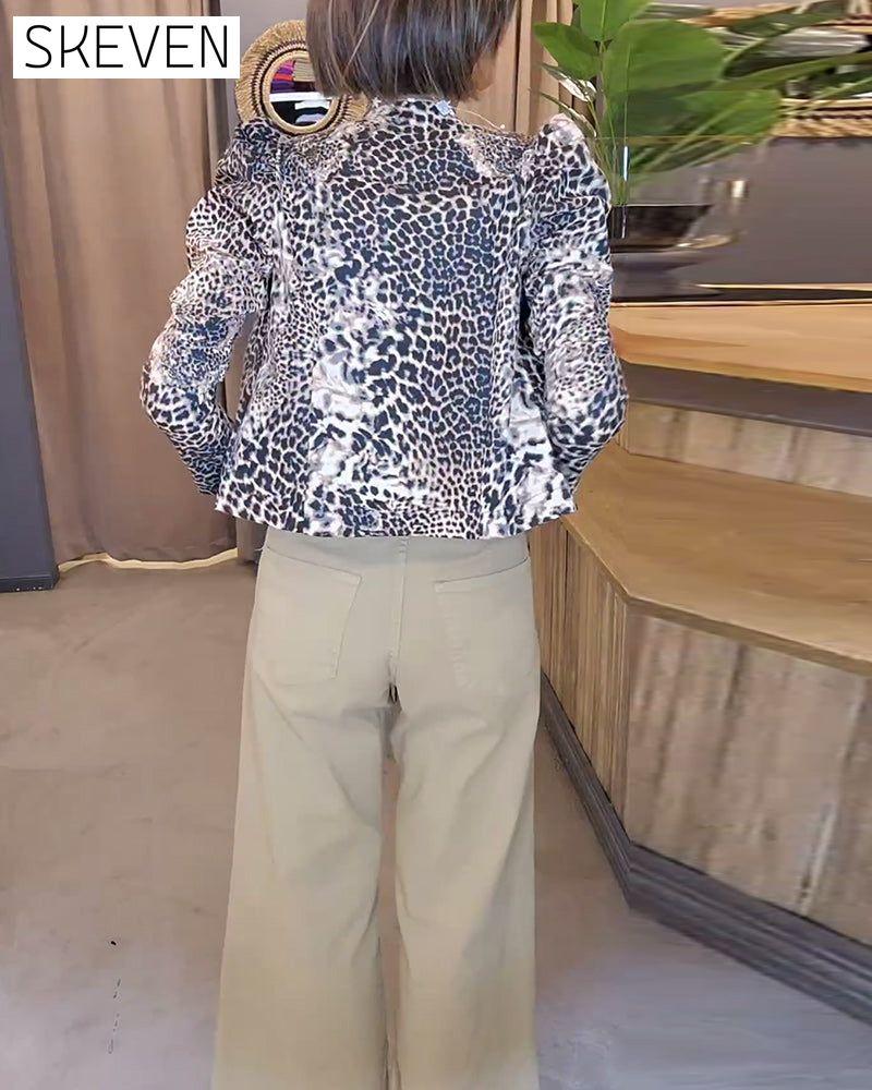 Leopard print puff sleeve casual jacket