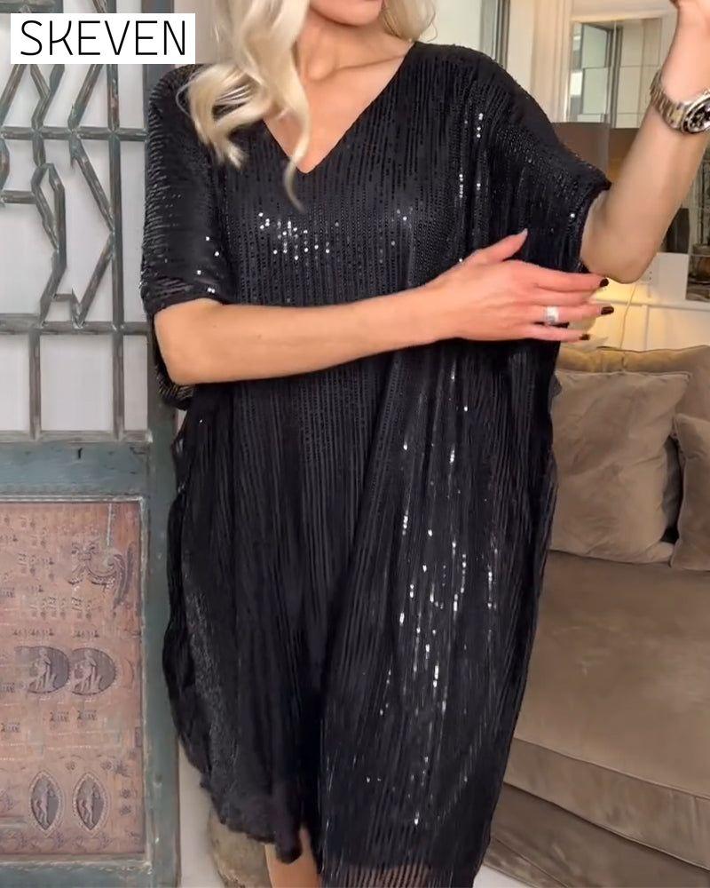 Paillettenbesetztes Freizeitkleid mit V-Ausschnitt