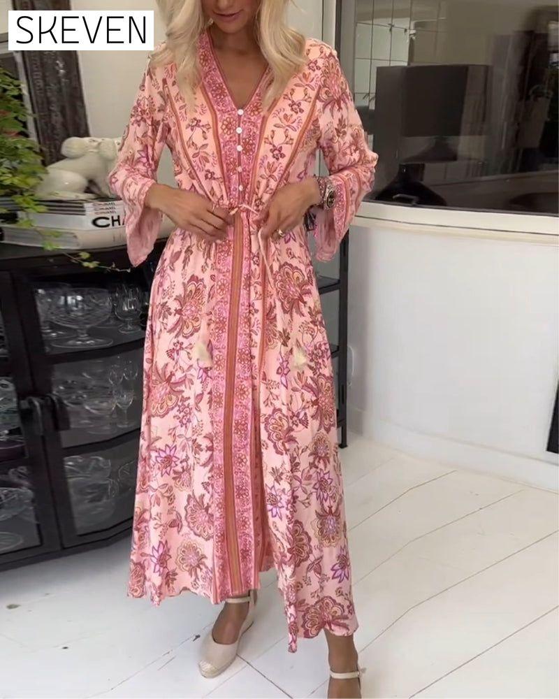 Elegantes bedrucktes Kleid mit V-Ausschnitt, Knopfleiste und Kordelzug
