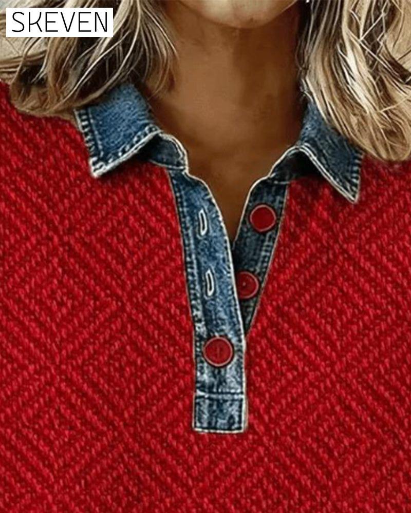 Sweatshirt mit Kragen und Denim-Patchwork-Design