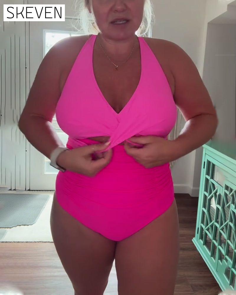 Fashionable Color Block Halter One Piece Swimsuit