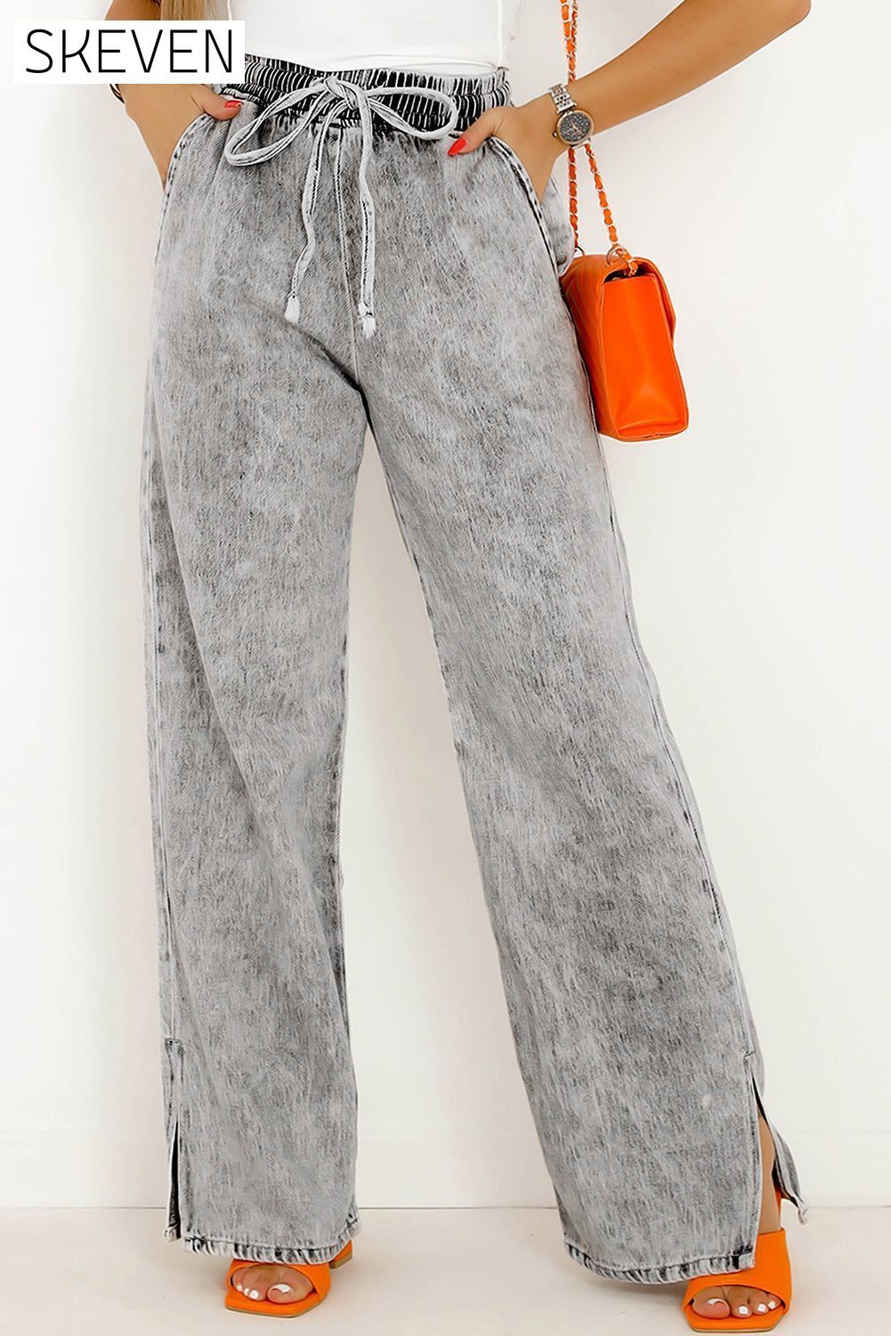 Medium Grey Drawstring Elastic Waist Wide Leg Jeans Medium Grey 82%Cotton+10%Polyester+8%Viscose All In Stock bottom bottoms clothes Fabric Denim Jeans Occasion Daily Print Solid Color Season Winter Silhouette Wide Leg Style Casual Women's Bottoms