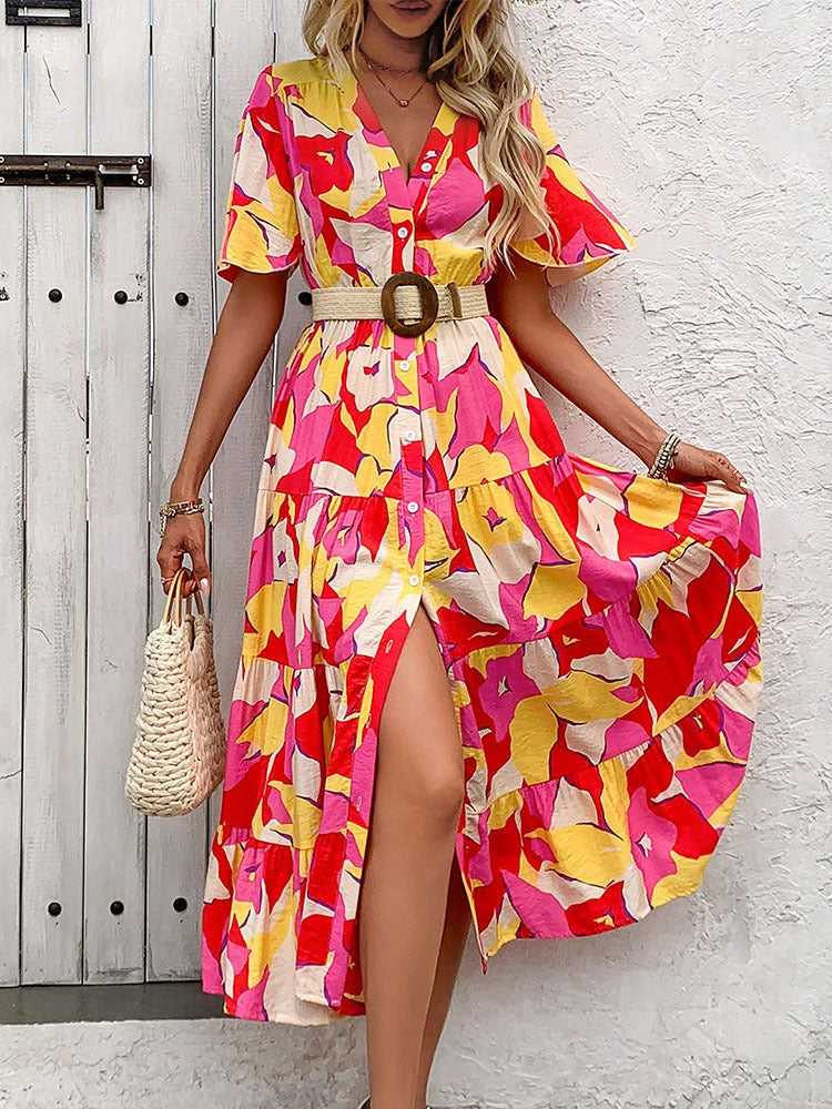 Printed Tiered V-Neck Midi Dress