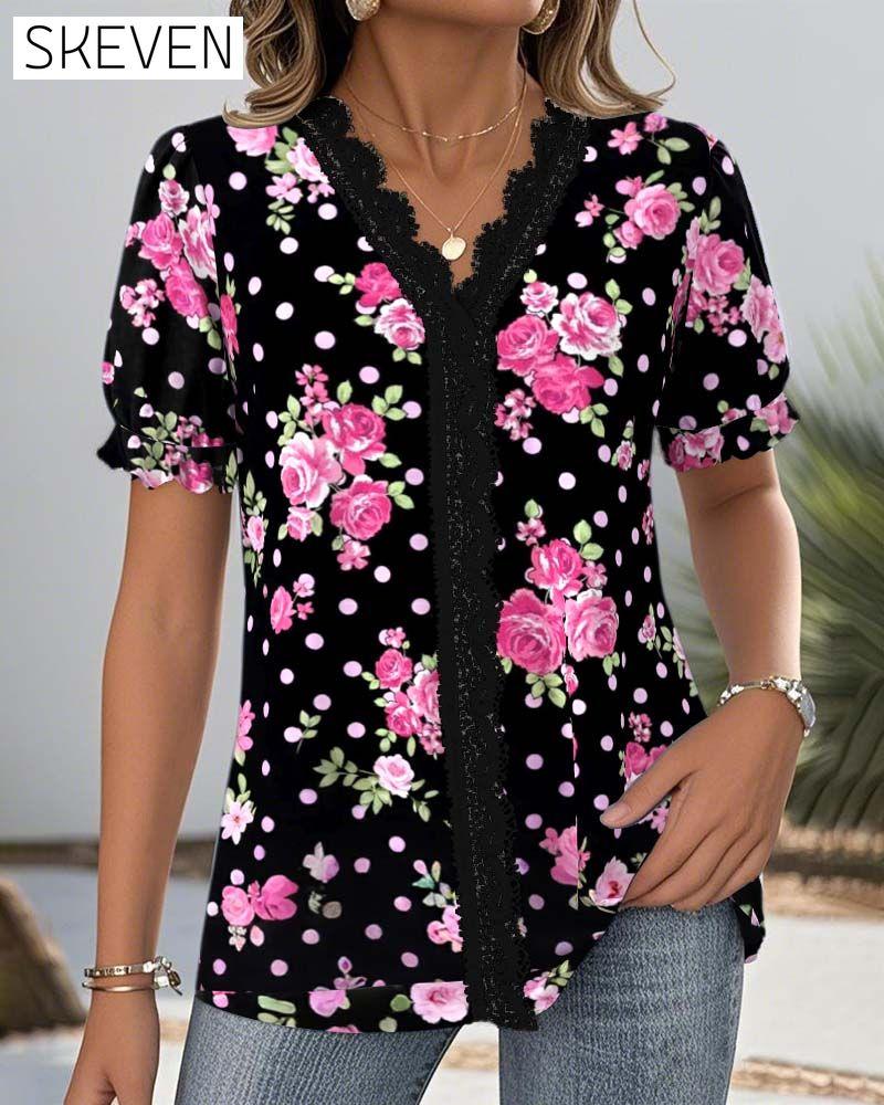 V-Neck Lace Lantern Sleeve Printed Blouse