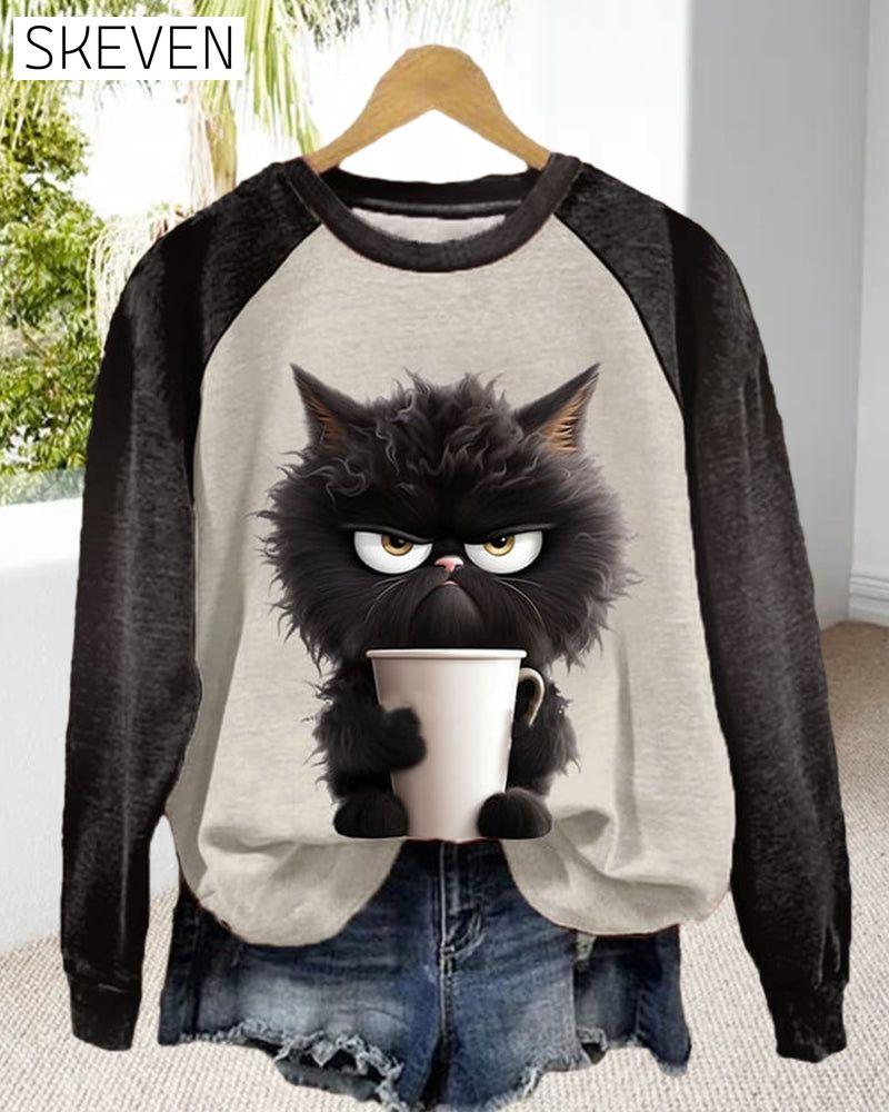 Katzen-Sweatshirt mit Farbblockmuster