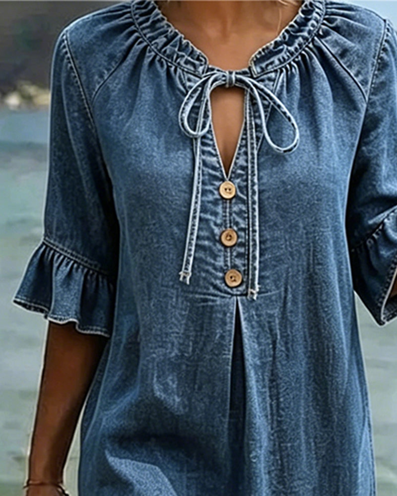 Denim Lace-Up Mid-Sleeve Dress