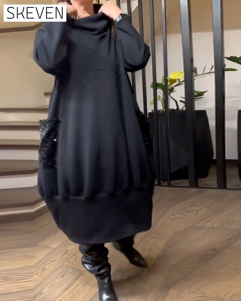 Paillettenbesetztes Sweatshirtkleid mit hohem Kragen und Taschen in Übergröße (Plus Size)