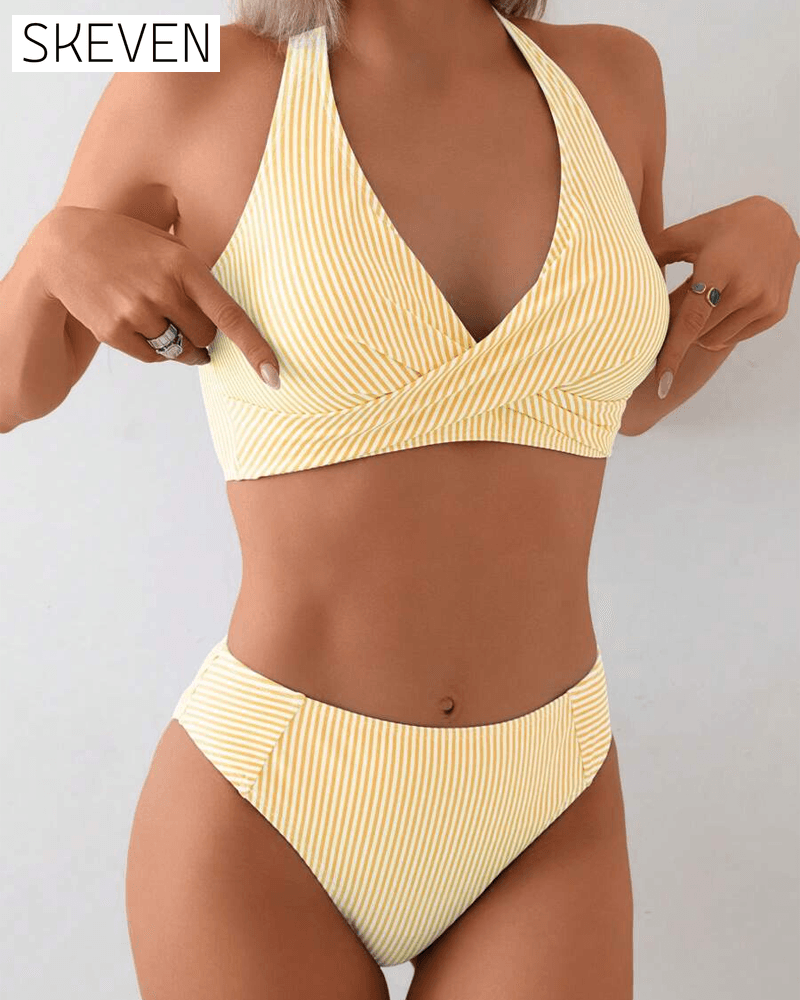 V-Neck Two-Piece Striped Swimsuit