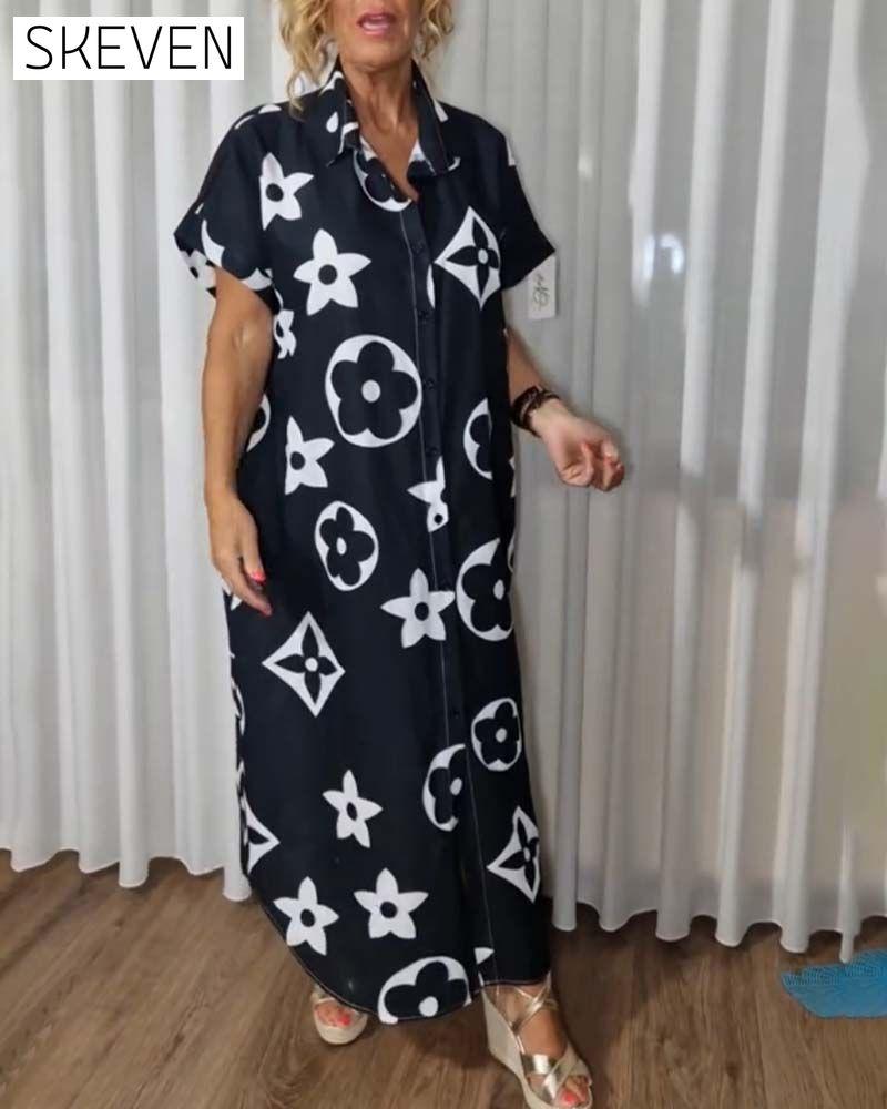 Contrast print lapel button casual dress