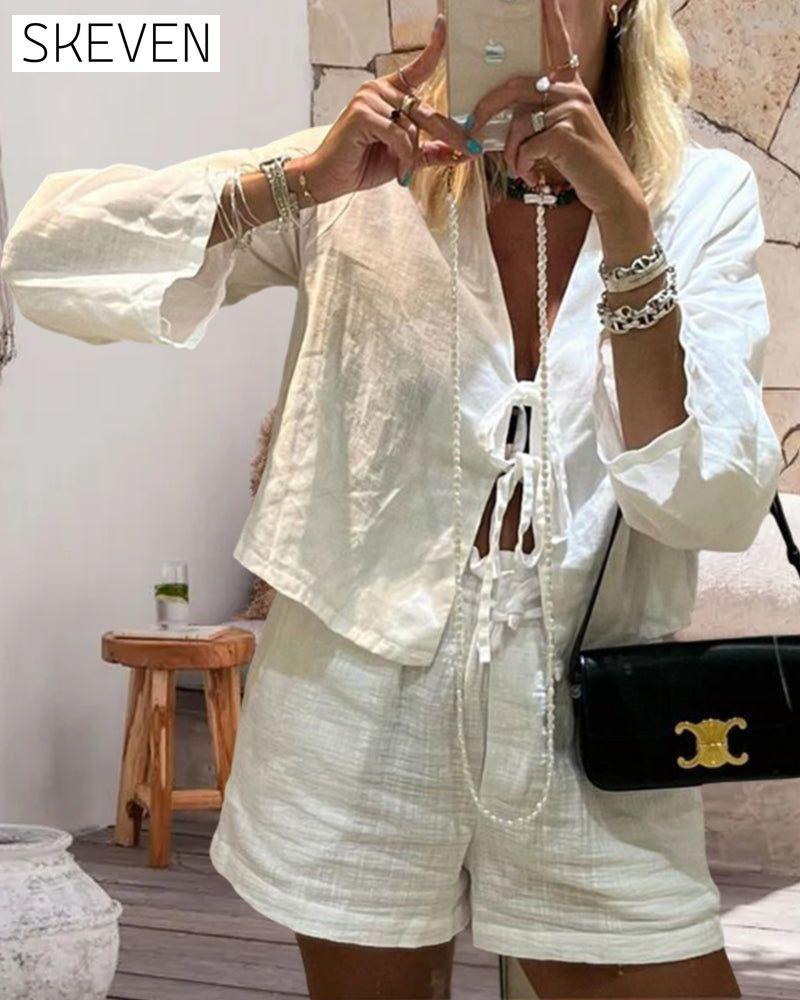 Solid color strappy top and shorts two-piece set summer two-piece sets