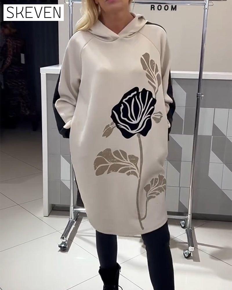 Hooded Color-Block Floral Print Dress