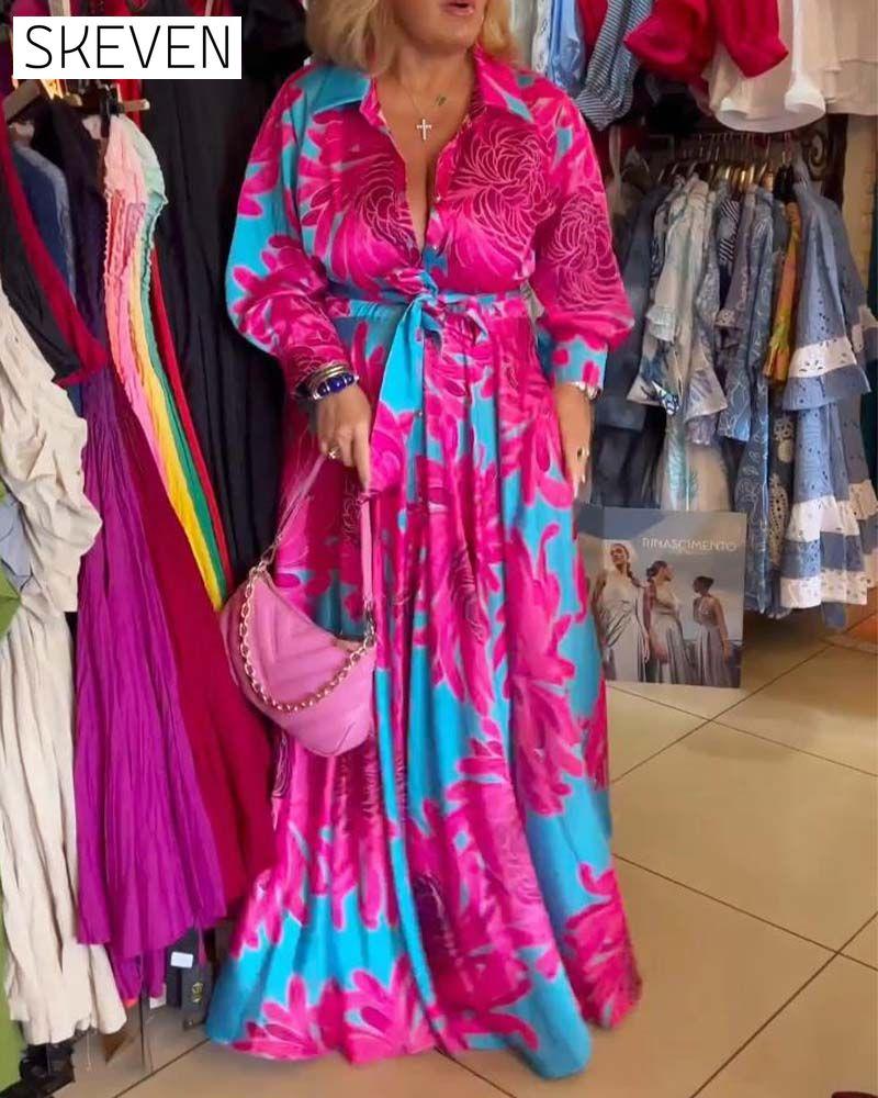 Elegant floral print lapel button dress 2024 f/w casual dresses spring