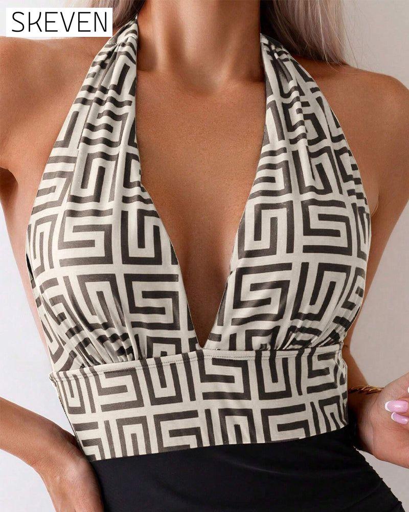 Printed Contrast Halterneck One-Piece Swimsuit