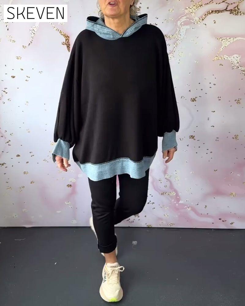 Casual contrast color lantern sleeve hoodie