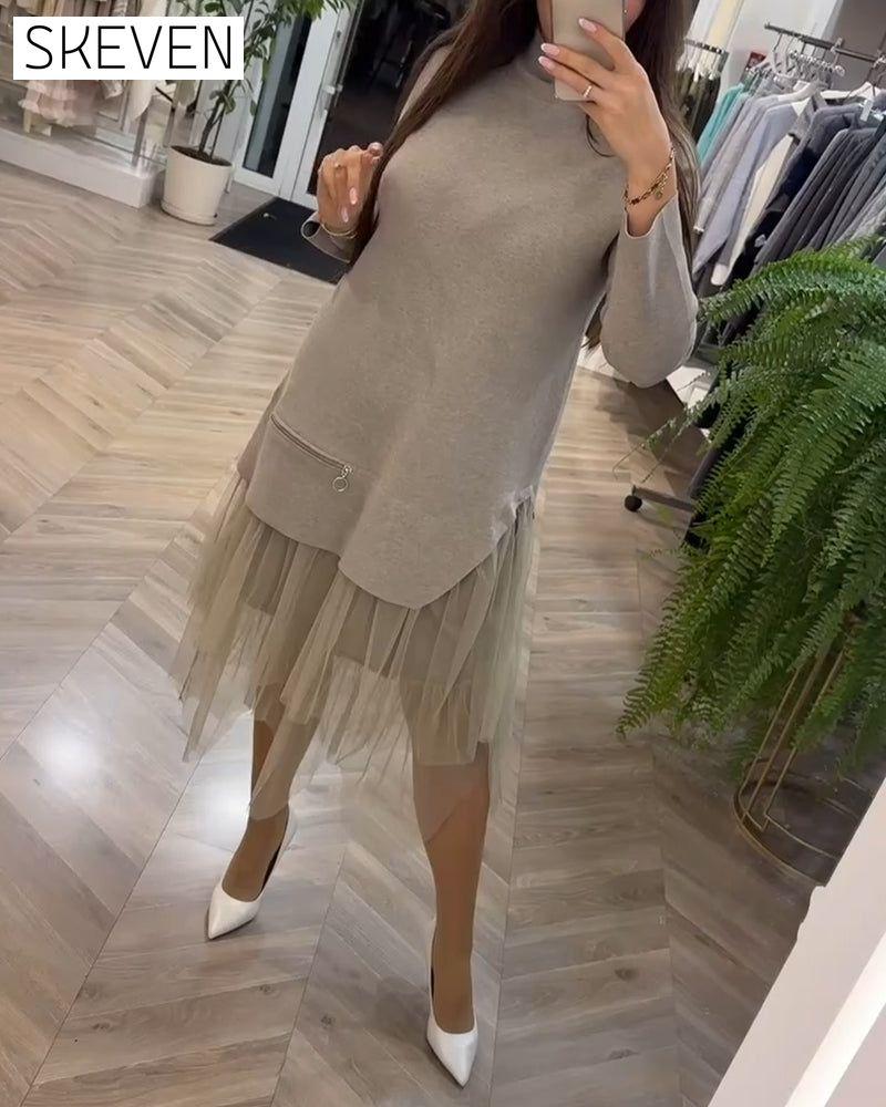 High collar mesh patchwork dress 2024 f/w casual dresses