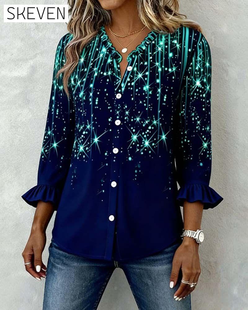 Flounce Trim Print Button-Up Shirt