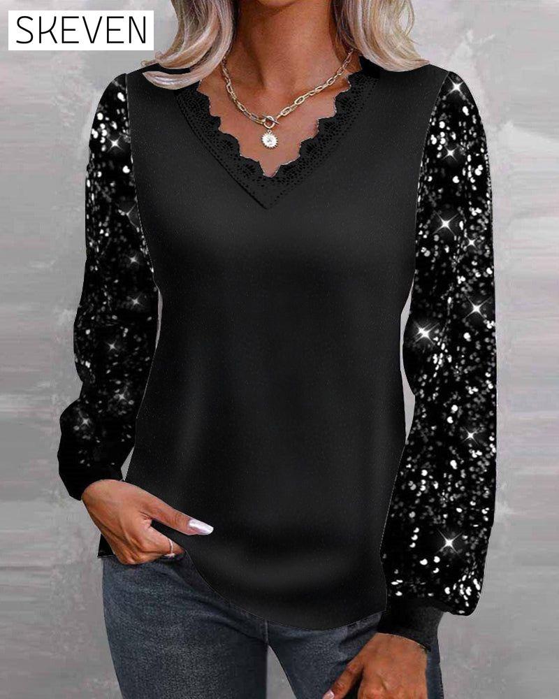 Casual solid color sequin V-neck top