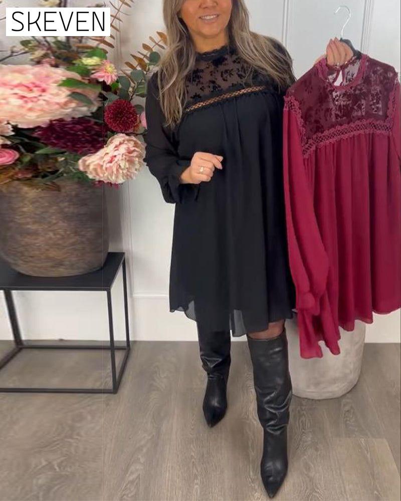 Lace Cutout Puff-Sleeve Elegant Dress