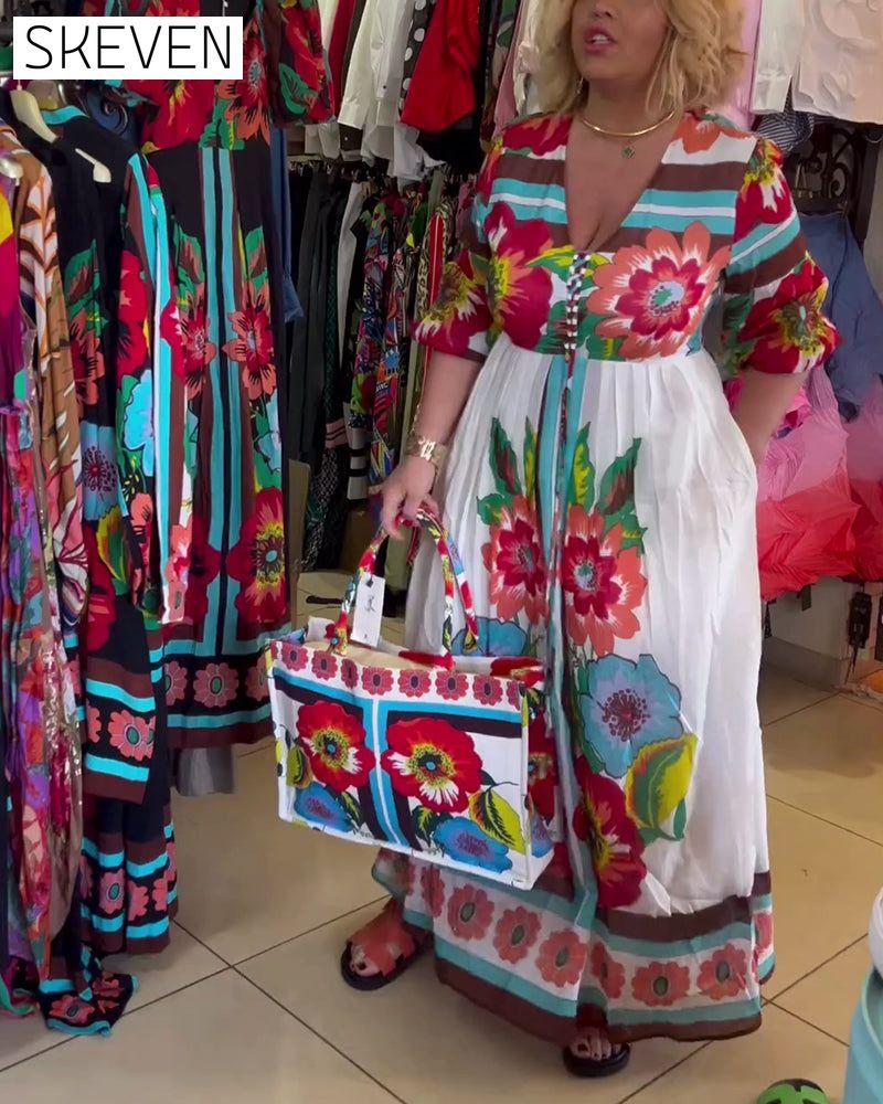 robe fleurie décontractée à décolleté en V profond
