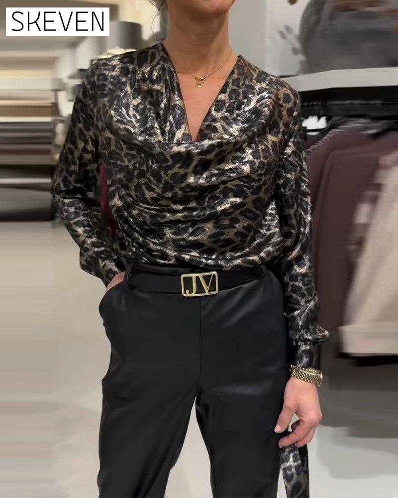 Stylish Leopard Print Shirt With Draped Collar