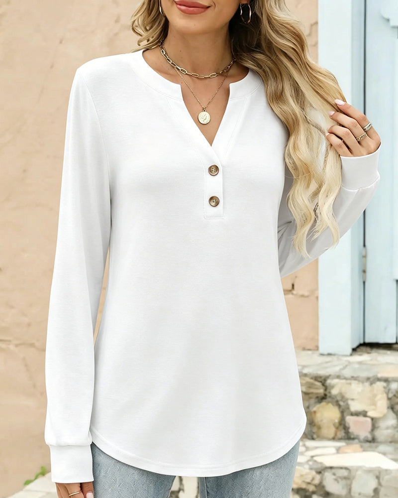 V-Neck Button Long Sleeve Solid Top