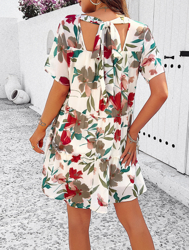 Floral Printed Tiered Tie-Back Mini Dress