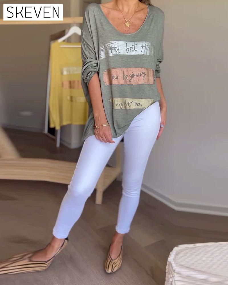 Long sleeve round neck letter print top