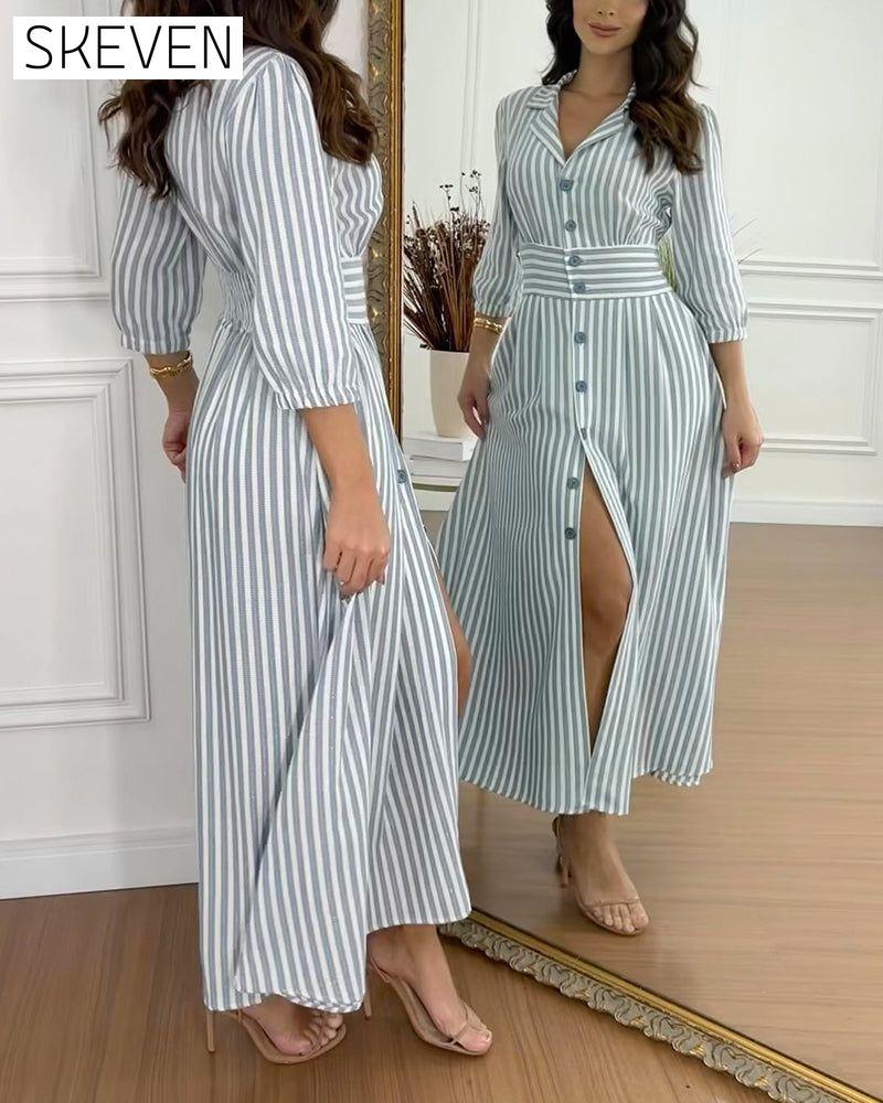 Stripe print lapel button elegant dress 202466 casual dresses spring summer