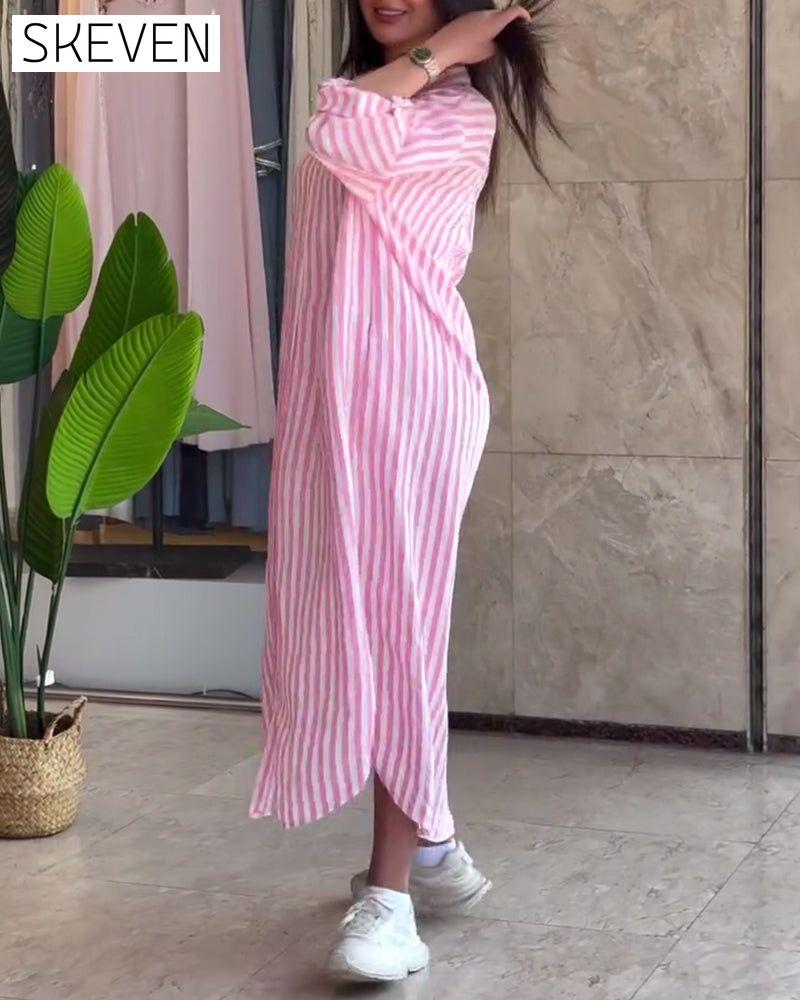Loose Lapel Striped Dress