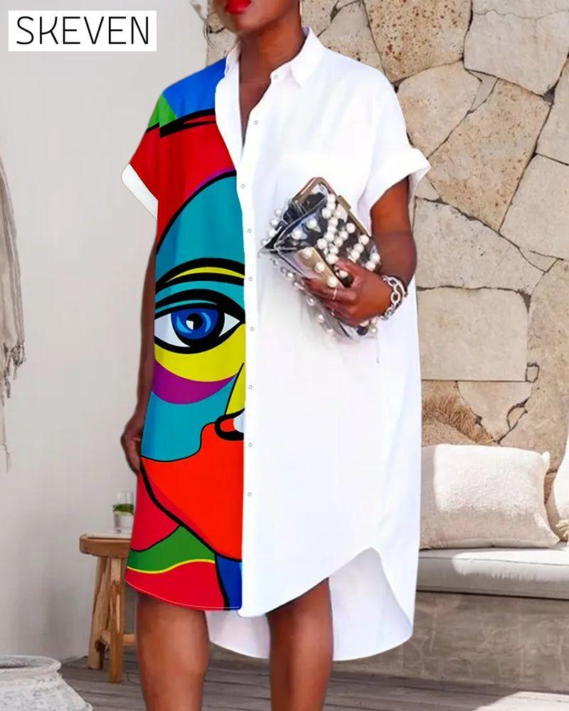 Face print lapel button casual dress 202466 casual dresses summer