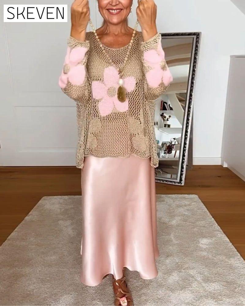 Casual floral round neck long sleeve hollow pullover 2023 f/w 202466 pullovers spring