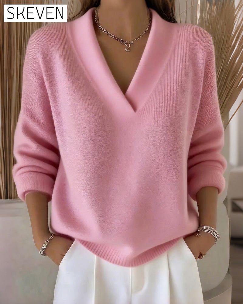 Casual Solid Color V-Neck Pullover