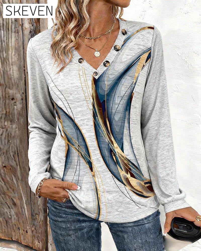 Printed V-Neck Long-Sleeved Casual Top